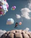 Placeholder: Ultra realistic clouds sky scene, wide angle, sweet childs, free jumping flying, trinkets, monster hair, hair monster, jelly beans, balls, smile, happy, circus style, inflatable color clothing, extreme, wind, clouds sea, 20,000 feet altitude, stratosphere, soft color, highly detailed, unreal engine 5, ray tracing, RTX, lumen lighting, ultra detail, volumetric lighting, 3d, finely drawn, high definition, high resolution.