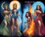 Placeholder: Four doll divine representing each one the four elements: Fire: Earth: Air: Water. Mark Brooks and Dan Mumford, comic book art, perfect, smooth elemental galactic space core royalty queens crown.