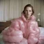 Placeholder: Fashion Model christy turlington,,autochrome, pink plastic puffy jacket, in a bedroom