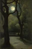 Placeholder: Night, tree leaves, moon, rocks, clouds, creepy gothic movies influence, horror, gustave caillebotte, alfred stevens, and anna boch impressionism paintings