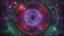 Placeholder: matrix universe, space, planets, god creation. purple, dark green and red,