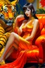 Placeholder: A digital painting by Kuniyoshi and Sorayama of a beautiful gynoid with a yellow dress sitting in a red couch next to a tiger's head.