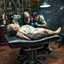 Placeholder: man with a full back tattoo of the Creation of Adam laying face down on a reclining tattoo parlor gurney, background is a seedy tattoo parlor, tattoo artist who looks like Michelangelo is putting the finishing touches on the tattoo