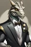 Placeholder: A silver Dragonborn from dnd wearing a tuxedo