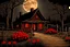 Placeholder: Dry trees, night, full moon, cabin, yard with red flowers, fence, background pc