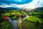 Placeholder: A beautiful Java village from above, just after a refreshing rain. The village is nestled amidst lush green rice paddies and gently rolling hills, with a group of various style of Farmers Houses. The rain has left the landscape vibrant and fresh. wet asphalt path winds through the village, reflecting the afternoon skylight. Captured in an epic photoart in the style of Artgerm and Zabrocki, vibrant colors highlighting enigmatic forest scenery, dazzling light filtering