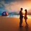 Placeholder: 2 lovers last kiss in sand island with tent and river background sunset