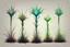 Placeholder: Isolated concept art of 5 alien grass on a neutral background. Strange fictional extraterrestrial flora with unusual shapes, glowing details, thorns, spines, tendrils, roots. Each plant designed with unique silhouette and fantasy colors, digital painting style, detailed textures, science fiction botanical illustration, no background, no landscape.