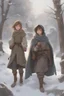 Placeholder: DnD style, two medieval peasant kids playing in the snow male and female, age 14 and 15, happy and playful