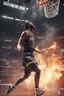 Placeholder: 8k, highly realistic and detailed image of a NBA basketball player in action dunking the ball in the net, sweaty hair, screaming look,action and smoke and flames background