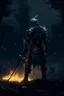 Placeholder: Cavaleiro em uma noite escura e assustadora com uma fogueira estilo dark souls