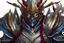 Placeholder: silver and crimson lightning Raijin warlord, blue electric horns that sprout forwards, a silver mask that covers the lower face, golden highlights throughout the armour, electricity emitting from the armour as a lightning arch appears from the back, crimson hair appearing out of the helmet