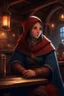 Placeholder: DnD style, medieval beautiful woman dressed in warm winter clothes sitting in a tavern