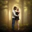 Placeholder: A photo realistic portrait of a stunning blonde girl and a handsome muscular dark haired man in a lovers embrace standing in a forrest