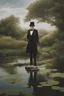 Placeholder: [modern] A man in tuxedo around a pond