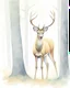 Placeholder: deer with antlers standing sideways, looking at viewer, realistic water color painted, among tall simplified tree trunks, foggy, pastels, colorful