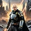 Placeholder: star wars bald male corellian jedi pilot wearing black and gunmetal grey old republic armored robes with gold trim, alone, battle-ready Jedi Master defending a ruined ancient city surrounded by golden light, centered head and shoulders portrait, hyperdetailed, dynamic lighting, hyperdetailed background, 8k resolution, volumetric lighting, light skin, fully symmetric details