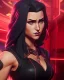 Placeholder: j.scott campbell, serena from mortal kombat, wearing black and red, big eyes, long black hair with red streak, small nose, standing, dark cobblestone alley, one halo light above, non photorealistic rendering