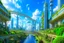 Placeholder: A futuristic alien city, with balconies, verandas, many arches, bridges, spires, paths, trees, dense foliage, Spanish moss, ivy, river, blue sky, white clouds.industry revolution new age, new-age theme, hyper realistic city with galaxy sky