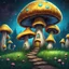 Placeholder: vibrant cyan and yellow mushroom house on dirt pillar grassy top outer space. stars, grass, mushroom house, dirt pillar. Detailed gloss Painting, rich color, fantastical, intricate detail, splash screen, hyperdetailed, insane depth, concept art, 8k resolution, trending on artstation