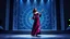Placeholder: modern stage with gray-blue theme artistic decoration , color full dynamic lighting, a beautiful lady in modern maxy dark purple red dress with shining silver jwells dancing, 3D recursive fractal structure animating background