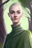 Placeholder: full color portrait drawing, portrait, fantasy setting, 22-year old friendly female human cleric, shaved head, light eyebrows, grey eyes, background yew tree