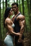 Placeholder: muscular man wearing an open neck shirt with his arm wrapped around a dark haired younger woman standing in a forest
