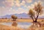 Placeholder: clouds, arid land, distant mountains, dry trees, pond, alfred sisley impressionism painting