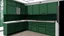 Placeholder: kitchen with dark green furniture, forest wallpaper on a white wall, on the left side next to the window there is a microwave and oven installed in the furniture, and on the right side 5 cm from the induction hob and a kitchen hood above it,