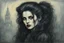 Placeholder: create full body oil pastel of a dark haired, savage, gothpunk vampire girl with highly detailed , sharply defined hair and facial features , in a foggy 19th century Moscow, in the style of JEAN-FRANCOIS MILLET