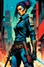 Placeholder: create a full body portrait illustration of a cyberpunk samurai female police detective with prosthetic arm, with highly detailed , sharply defined feminine facial features, in a chaotic, turbulent, otherworldly city in the comic art style of BILL SIENKIEWICZ and JEAN GIRAUD MOEBIUS, searing lines and forceful strokes, precisely drawn, inked, and darkly colored