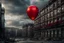 Placeholder: one red party balloon on sky, high realistic, storm, gloomy, surreal, little dark old city, ruins, professional photo, cinematic, utopistic
