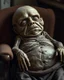 Placeholder: a chubby really old mummified corpse, eyes closed, leaned over in a brown chair