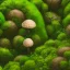 Placeholder: microphotography mushroom growing in a mossy dense lush green woods, high definition, detail, HD, 8k, realistic, 3d rendering, blender, photography, fisheye, bulge, tilt shift blur