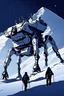 Placeholder: a minimalist silhouette of a sleek mechanical walker with eight legs scaling a very steep snow covered side of mout everest at night, it has a smooth surface, it has storage pods on its belly and humans can fit in the pods