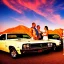 Placeholder: muscle car, married couple driving, desert road, sunset, full colour,