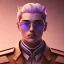 Placeholder: man, cute face, white highlight hair, brown eye, white, skin, purple suits, futuristic, science, purple, blue, dark pink background lighting, technology, profile, asian boy, square face, light orange, pug