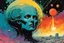 Placeholder: create an imaginative hybrid female extraterrestrial being, filming the exploding chaos of a dying star, in the comic book art style of Bill Sienkiewicz, Mike Mignola, and Jean Giraud Moebius, finely textured, drawn, colored, and inked