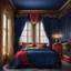 Placeholder: Living room in midnight blue, red and gold. A wide old bed and a large window with curtains