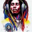 Placeholder: a realistic picture of Bob Marley with dreadlocks, at a turntable with headphones on being a DJ, jamaican color, with sunglasses, psychedelic trippy art