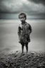 Placeholder: desaturated oil painting of boy on beach, old clothes, dark storm clouds overhead, gloomy, bleak, little fires