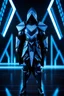 Placeholder: neon blue, floating triangle of light behind the back, cyber armor, geometric patterns on an armor, male, orbiting triangle