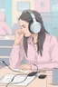 Placeholder: A simultaneous interpreter is sitting at a table with headphones with a microphone at a foreign briefing, the background is blurred, everything is in pastel colors,