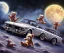 Placeholder: little boy and big teddy bears on moon. drifting in old bmw. oil on canvas