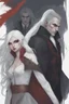 Placeholder: Vampire count Strahd Von Zarovich has long black hair and red eyes, with a woman with white hair