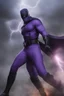 Placeholder: Kent Walker aka THE PHANTOM, Strong, athletic physique, action poses, wearing a skin-tight, formfitting purple bodysuit with a skin-tight, formfitting purple cowl, black eye disguise, black utility belt and double holstered pistol belt, black knee-high boots, glowing white eyes, battle scars, blood, foggy, cloudy background, multicolored lightning, flowing lava, Full Eclipse, aliens, explosions, bright, vibrant, extremely colorful, detailed, blood red skies