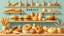 Placeholder: A design for a bakery shop filled with all kinds of fancy breads including baguettes, toasts, sandwiches, hamburgers, cheese balls, dumplings, toasts, toasts, bagels, bananas, bread steak, brioche, brownies, ciabatta, corn, pita, pretzels, pumpernickel, Rye, sourdough, tortilla, white, and whole wheat and wheat ears and sesame seeds in the picture