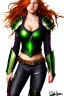 Placeholder: concept illustration, ultra-realistic, super-detailed, strikingly beautiful teen female, 16 years old, long ginger hair, green eyes, medium freckles, full lips, full body, full face, b-cup breasts, athletic, centred camera, ignore NSFW, black skimpy fantasy leather armor, stern expression