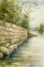 Placeholder: An old, stone wall along the shore of Lake - water color illustration