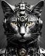 Placeholder: Length photograph mecha face steampunk sci fi portrait of a mechanized cat, or various animals, or mythical creatures, anthropomorphic, high key lighting, 3d bas relief, front view clock, glowing neon nixie cyberpunk eye, wire whiskers cyborg high contrast black and white image